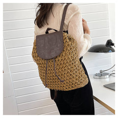 Straw Woven Backpack with Leather Strap and Flap
