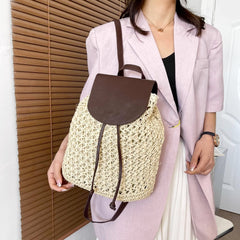 Straw Woven Backpack with Leather Strap and Flap