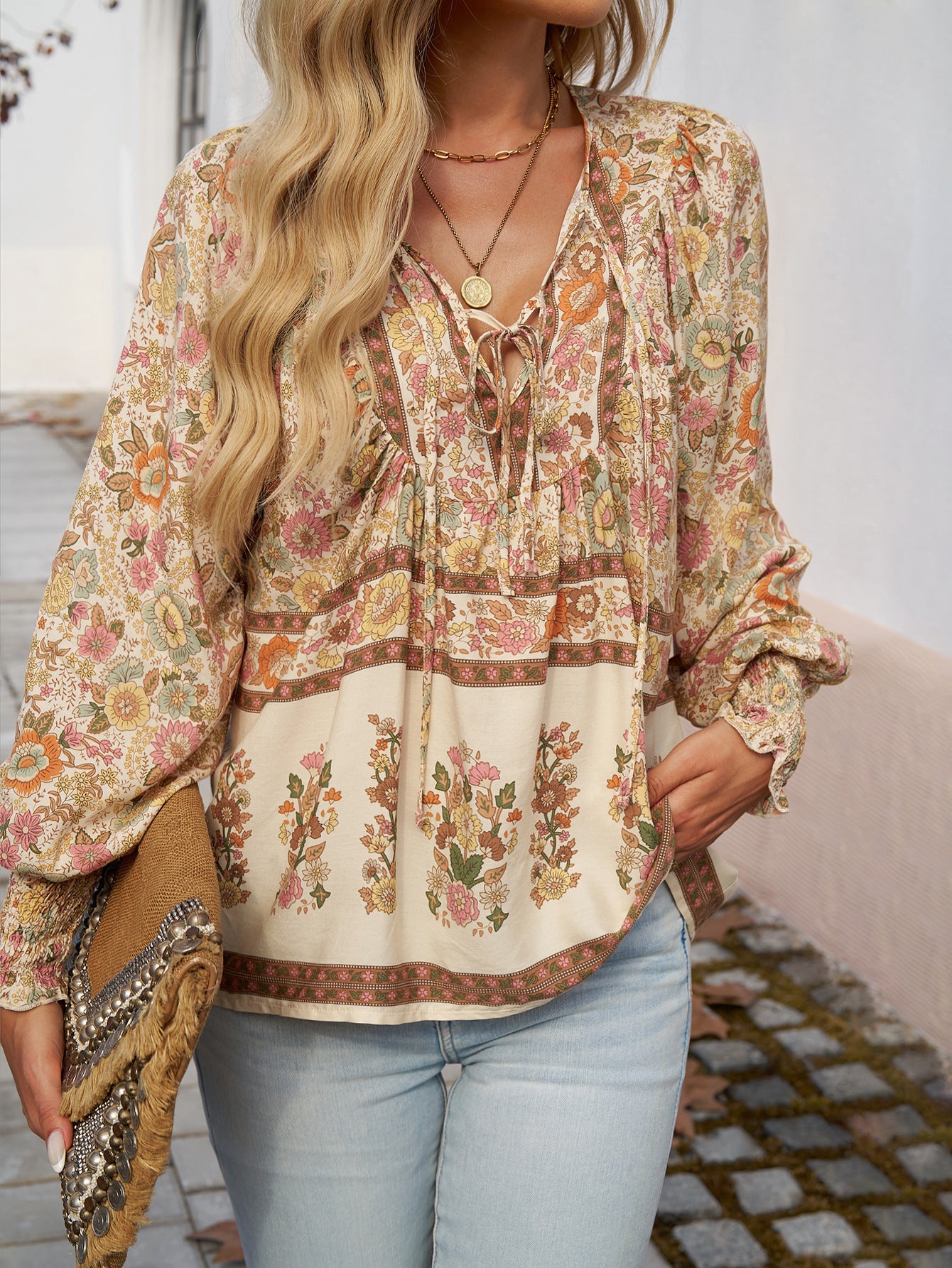 Paisley  Half Sleeve  Printed Polyester  V neck Boho Summer  Orange Top