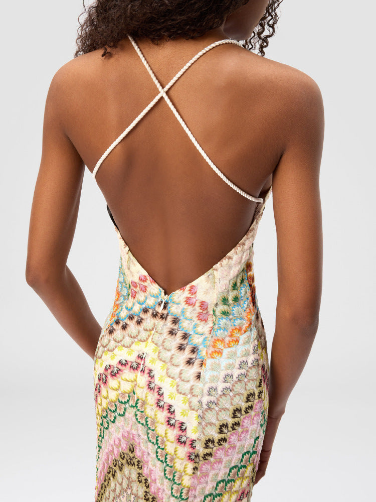 Hand-crocheted patchwork suspender long dress