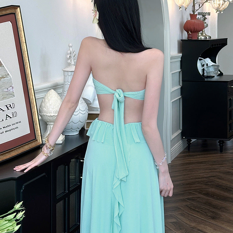 Backless ruffled holiday halterneck maxi dress