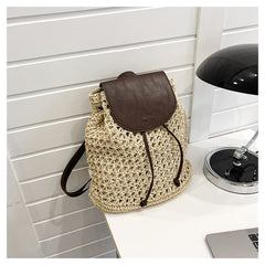 Straw Woven Backpack with Leather Strap and Flap