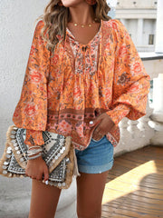 Paisley  Half Sleeve  Printed Polyester  V neck Boho Summer  Orange Top