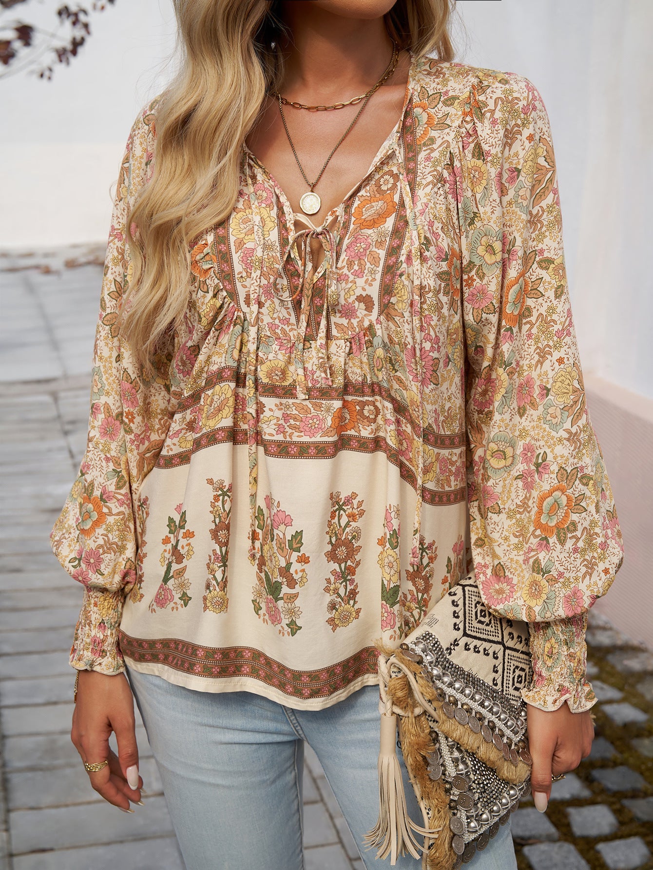 Paisley  Half Sleeve  Printed Polyester  V neck Boho Summer  Orange Top