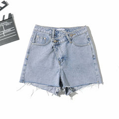 Asymmetric Waist Frayed Denim Shorts