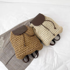 Straw Woven Backpack with Leather Strap and Flap