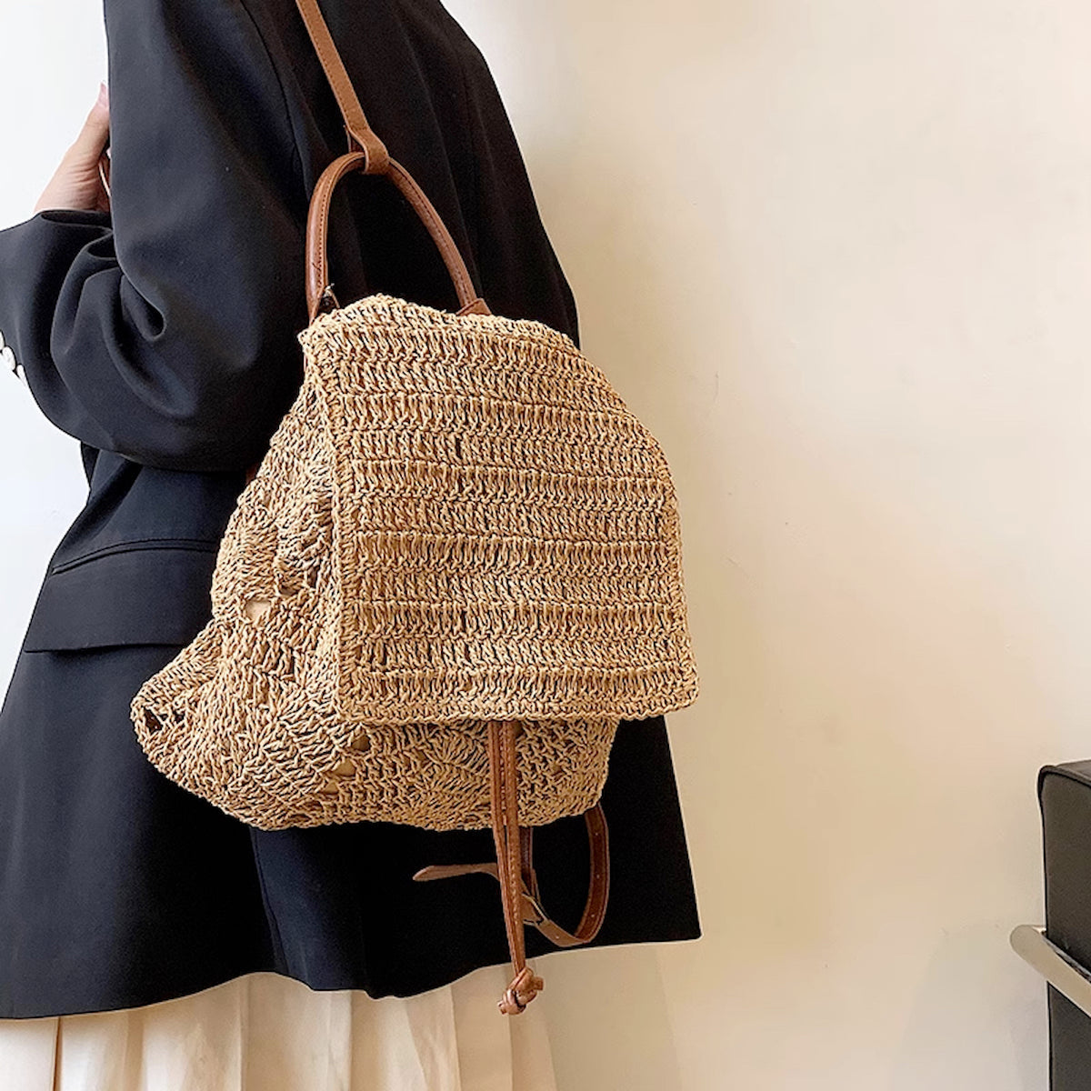 Straw Backpack with Leather Strap