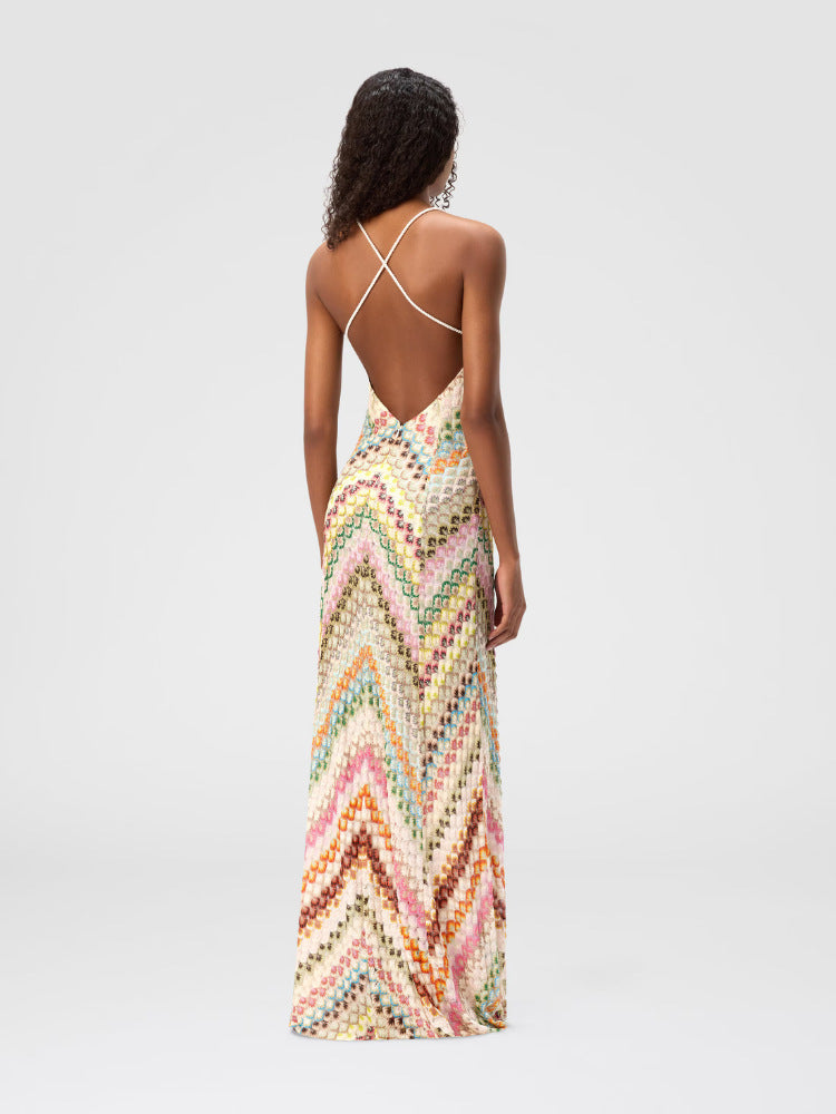 Hand-crocheted patchwork suspender long dress