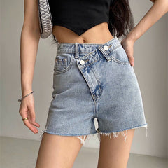 Asymmetric Waist Frayed Denim Shorts