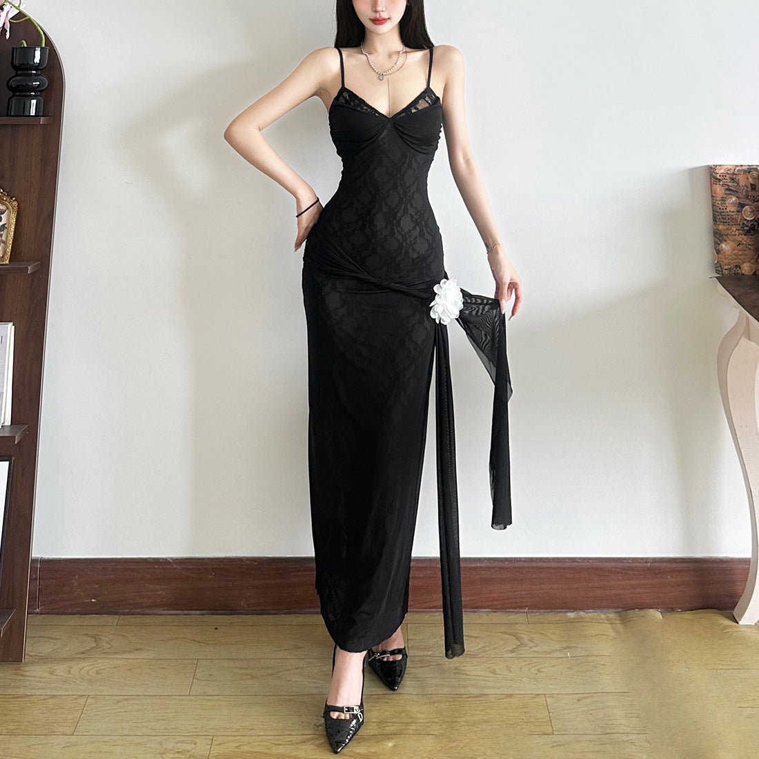 Three-Dimensional Flower Decorated Lace Slip Dress