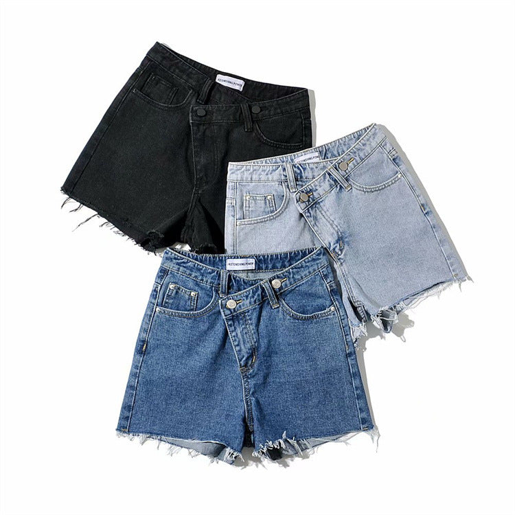 Asymmetric Waist Frayed Denim Shorts