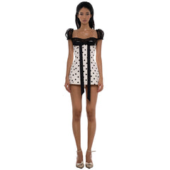 Square Neck Bowknot Mesh Slim Fit Polka Dot Dress