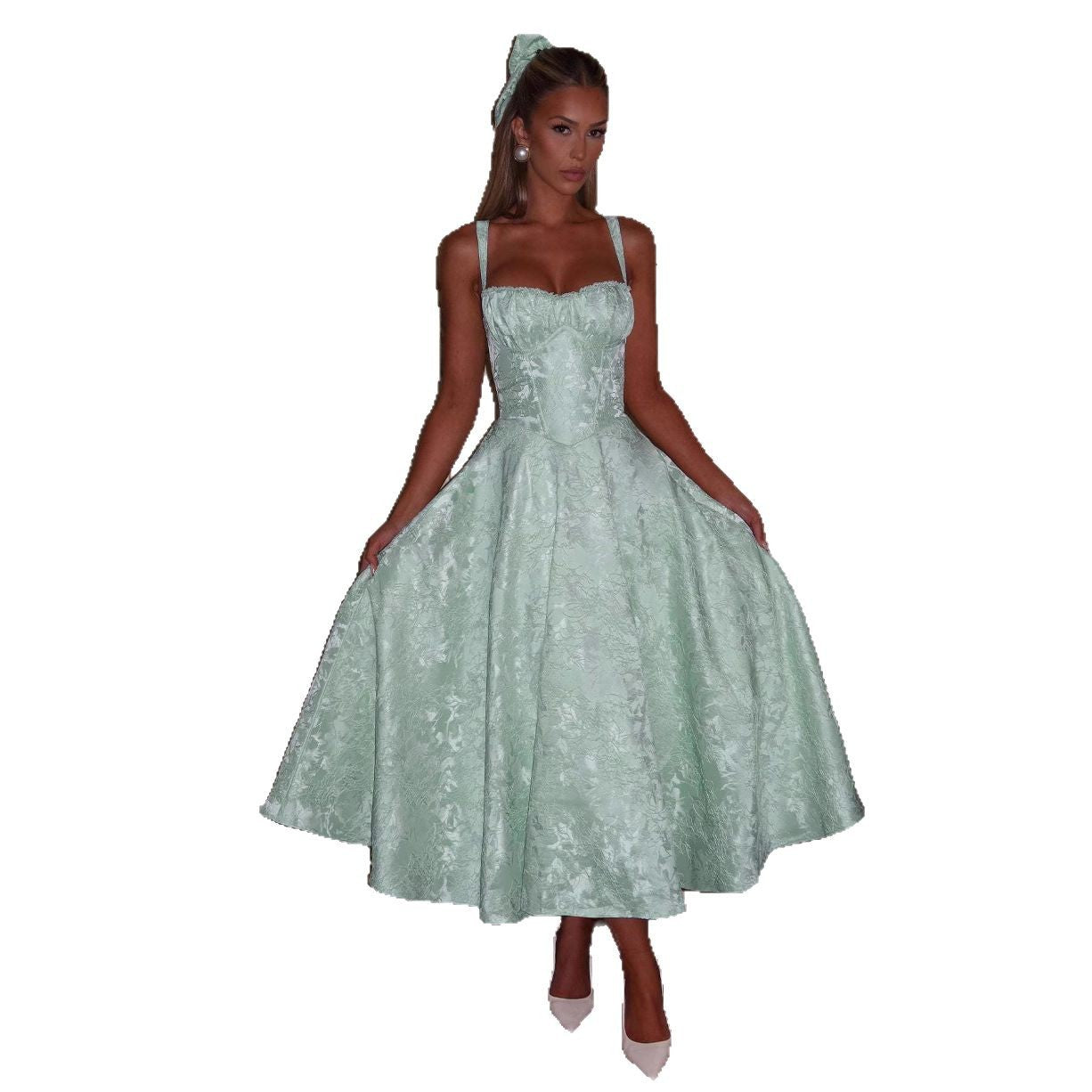 Elegant Backless Waist Jacquard Long Dress