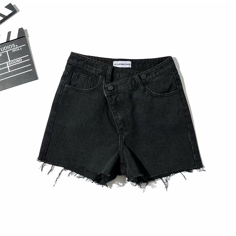 Asymmetric Waist Frayed Denim Shorts