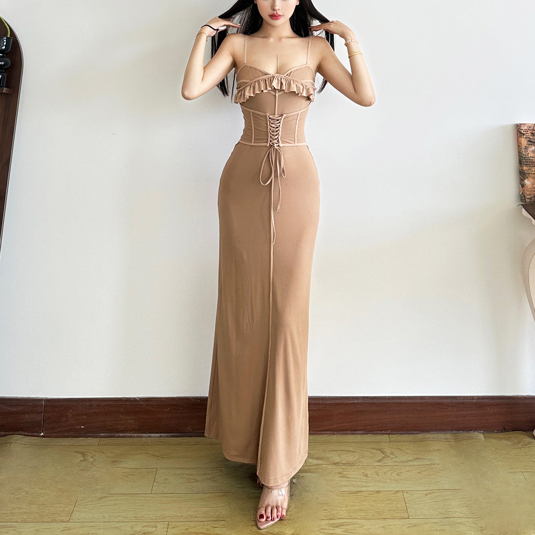 Ruffle hem waist tie slimming versatile dress