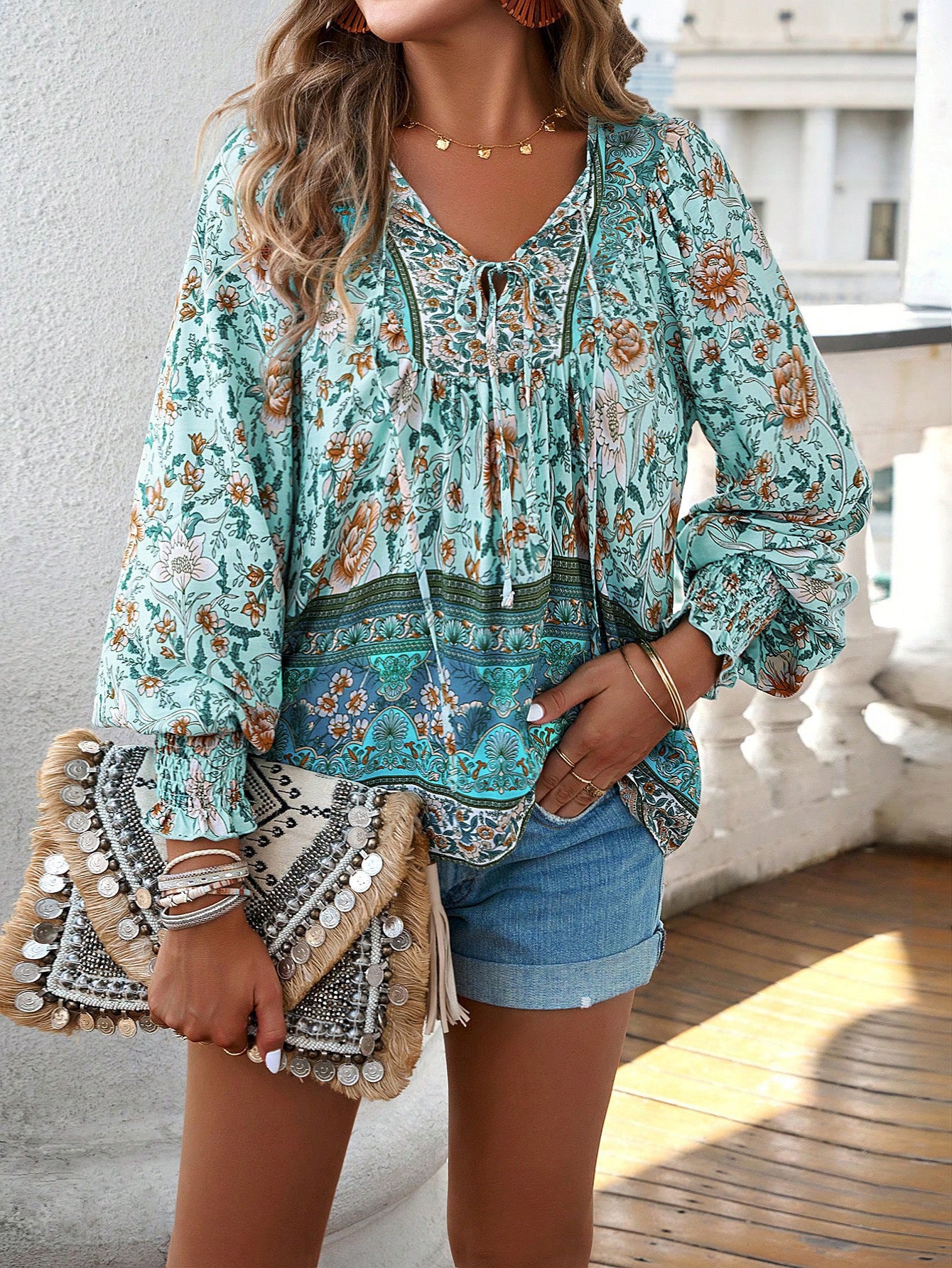 Paisley  Half Sleeve  Printed Polyester  V neck Boho Summer  Orange Top