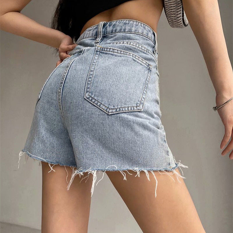 Asymmetric Waist Frayed Denim Shorts