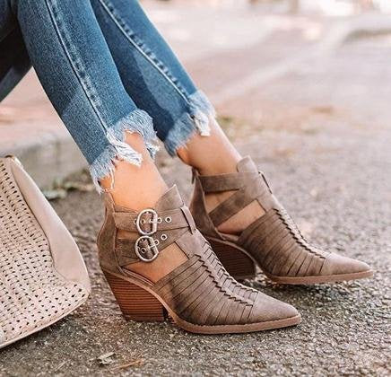 Plus Size Criss-Cross Ankle Heel Booties Hollow-out  Woman PU Boots