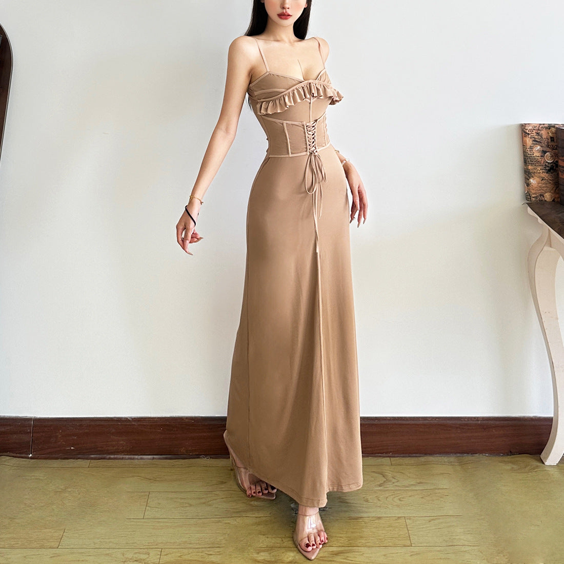 Ruffle hem waist tie slimming versatile dress