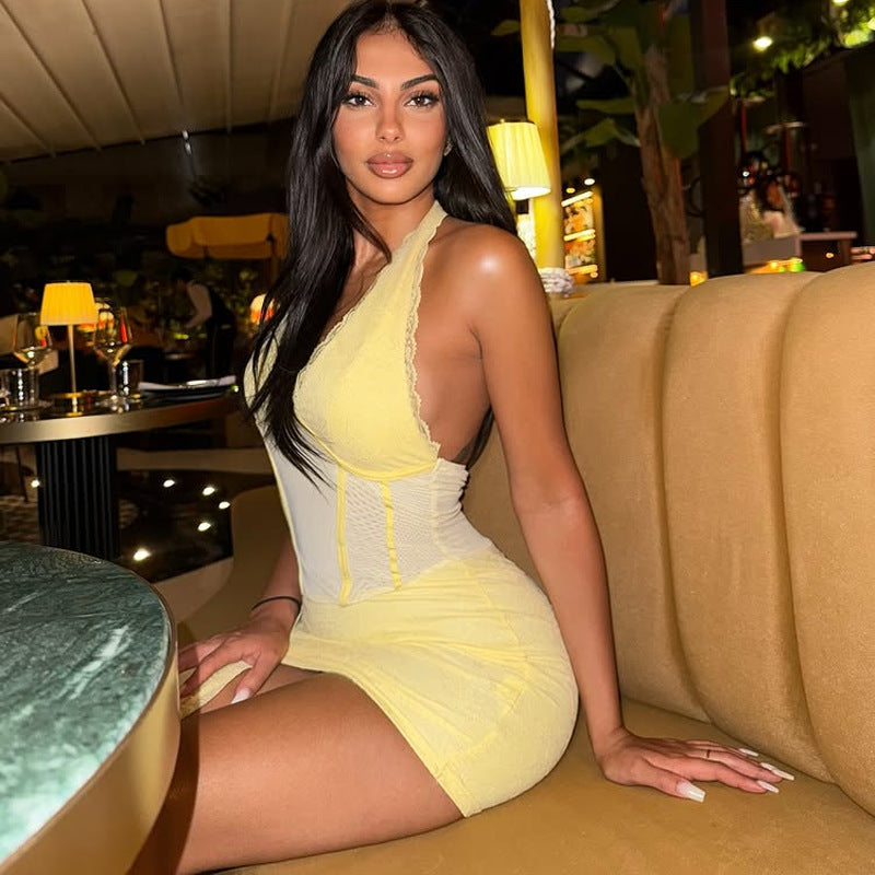 Halter neck mini dress with contrasting colors