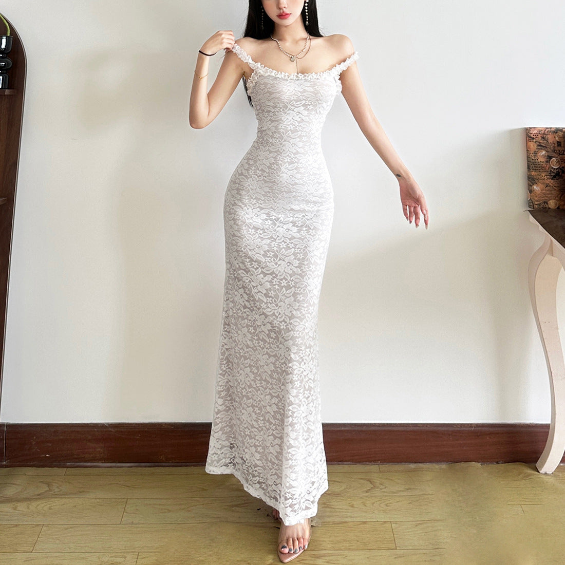 Delicate lace trim strap dress