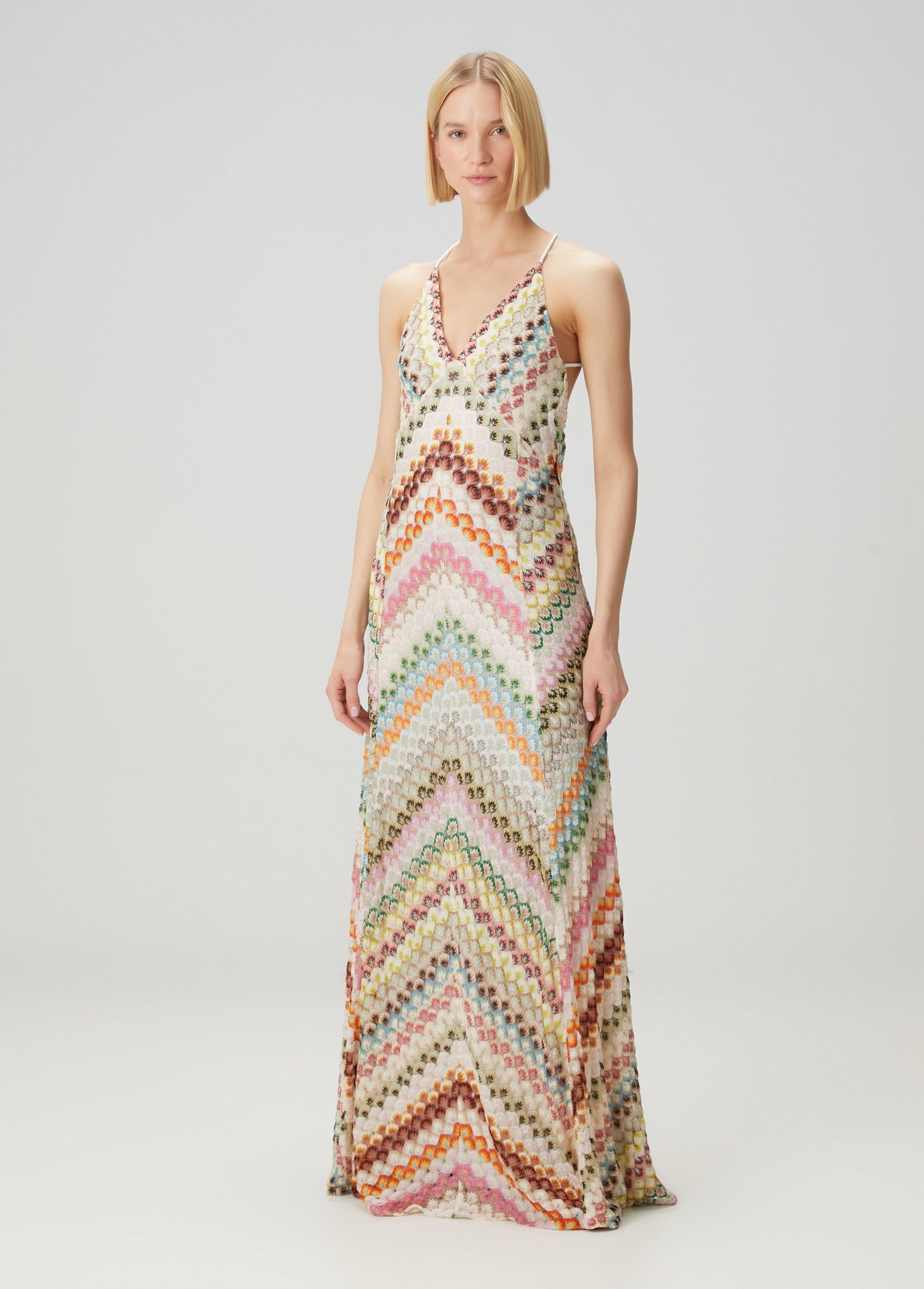Hand-crocheted patchwork suspender long dress