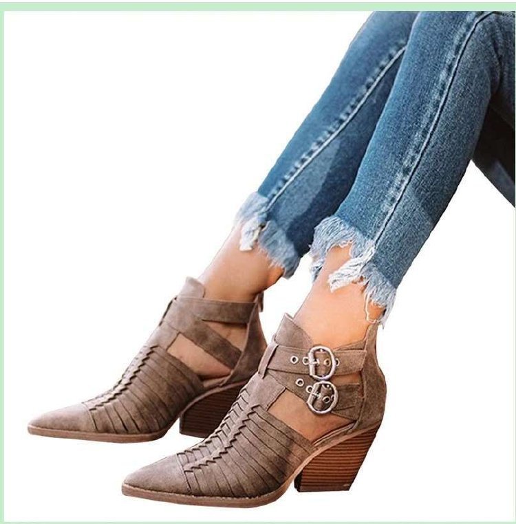 Plus Size Criss-Cross Ankle Heel Booties Hollow-out  Woman PU Boots