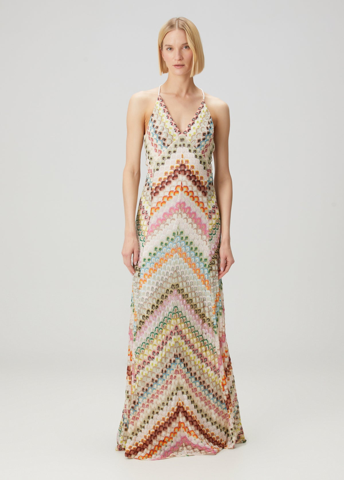 Hand-crocheted patchwork suspender long dress