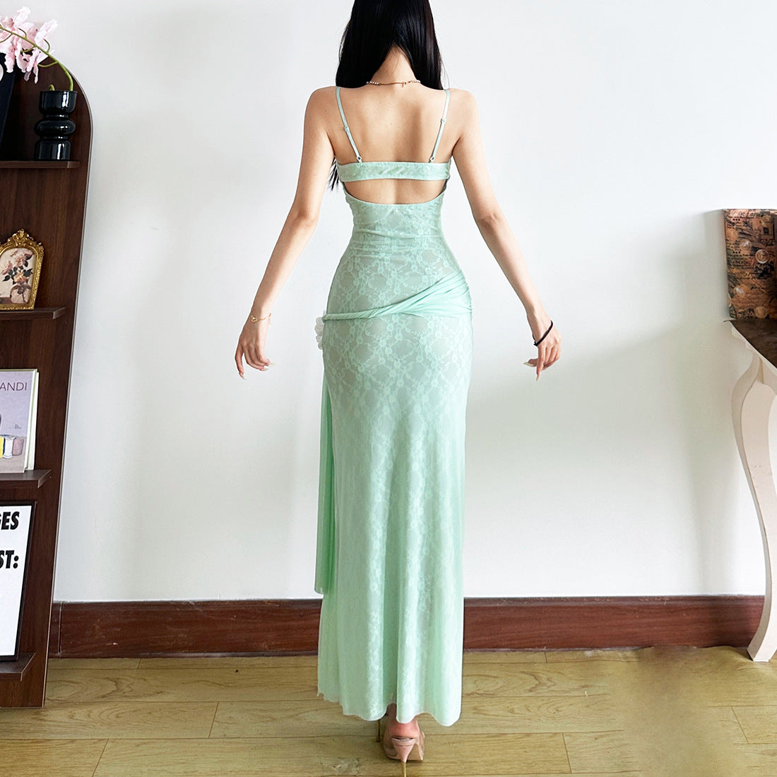 Three-Dimensional Flower Decorated Lace Slip Dress