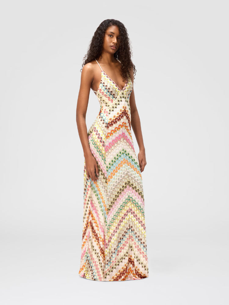 Hand-crocheted patchwork suspender long dress