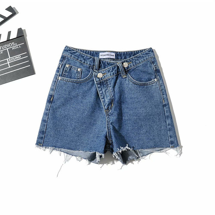 Asymmetric Waist Frayed Denim Shorts – Conean