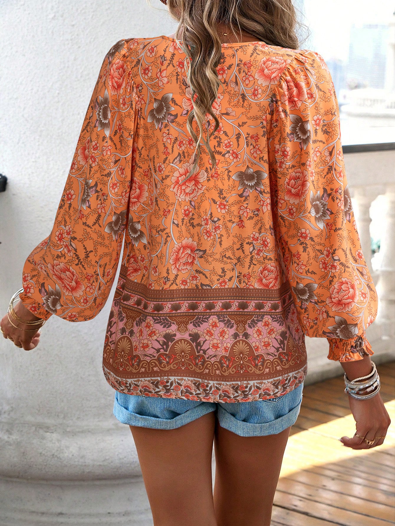 Paisley  Half Sleeve  Printed Polyester  V neck Boho Summer  Orange Top