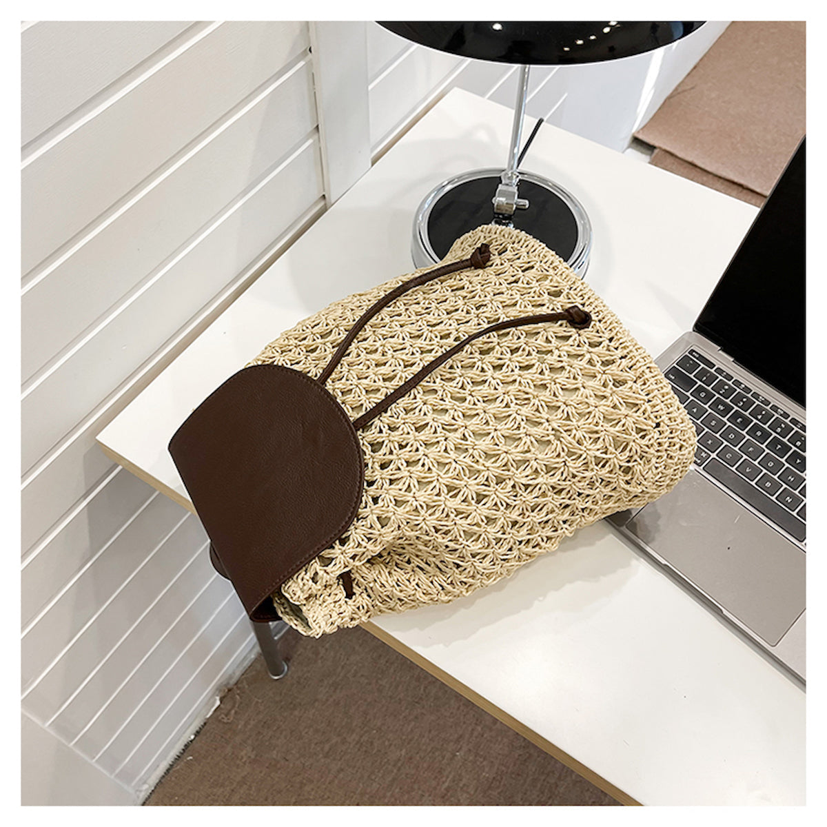 Straw Woven Backpack with Leather Strap and Flap
