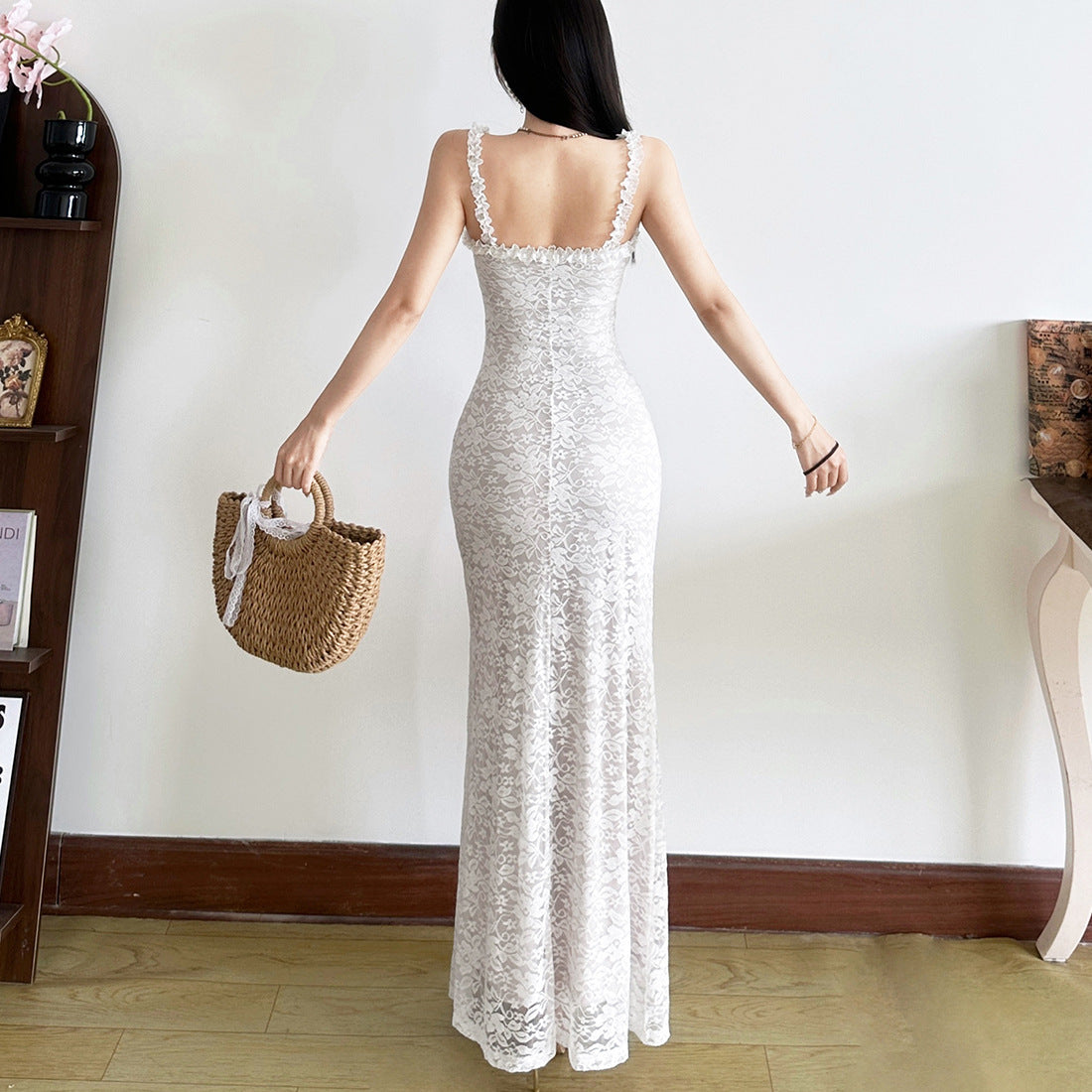 Delicate lace trim strap dress