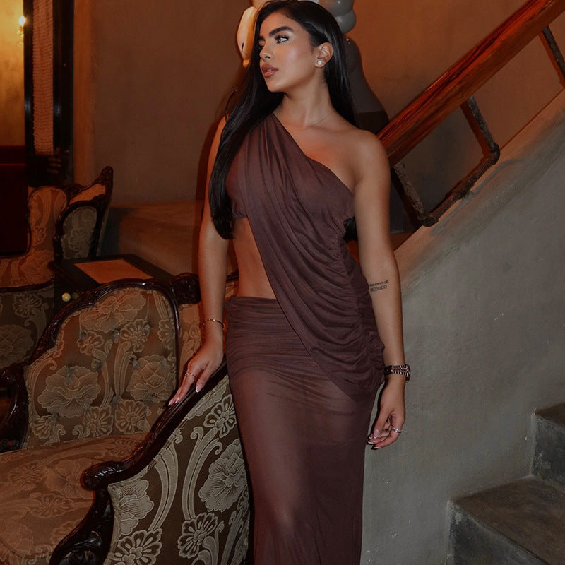 Slim fit pleated slant collar two piece skirt suit