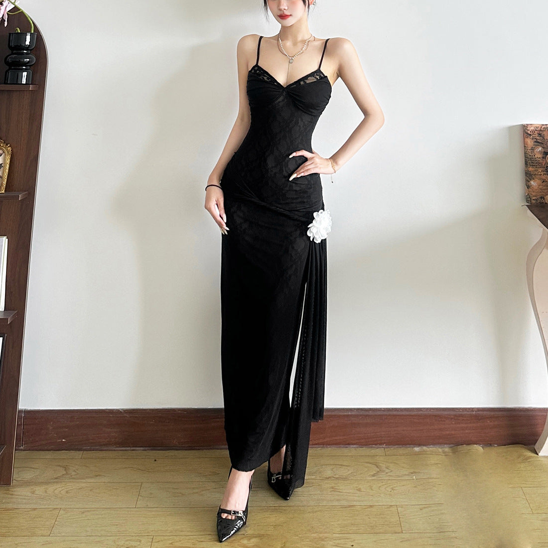 Three-Dimensional Flower Decorated Lace Slip Dress