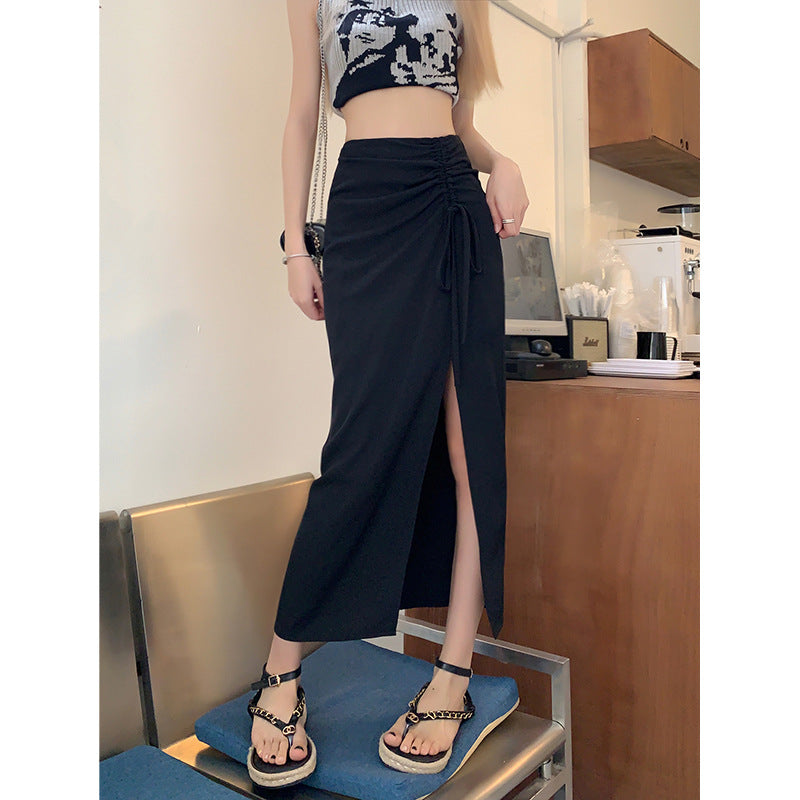 Abstract Print Drawstring Ruched Slit Maxi Skirt