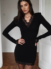Lace V-Neck Knitted Dress
