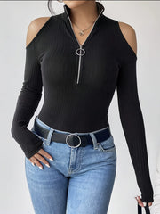 Stand-Up Collar Off-The-Shoulder T-Shirt