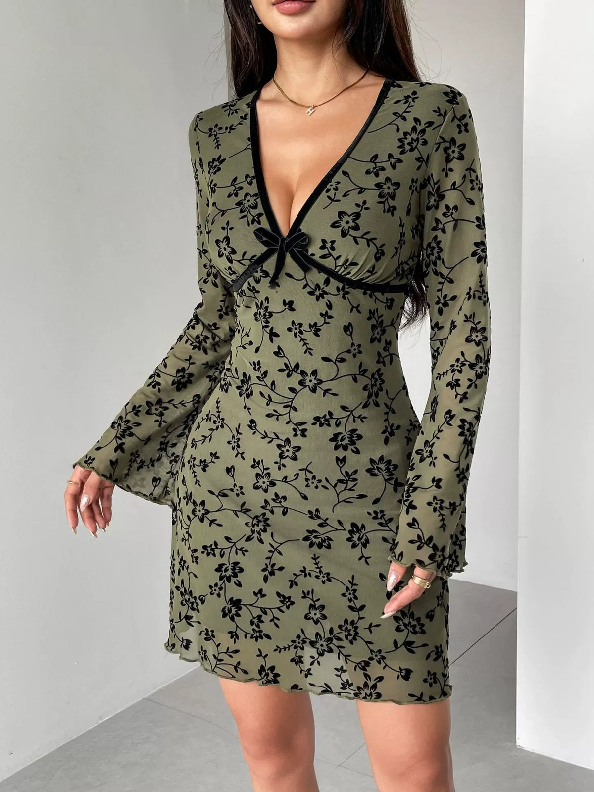 Flared Sleeve V-Neck Dress