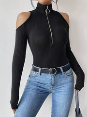 Stand-Up Collar Off-The-Shoulder T-Shirt