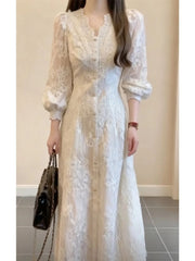Lace V-Neck Long-Sleeved Dress