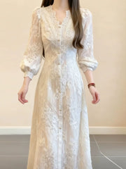 Lace V-Neck Long-Sleeved Dress