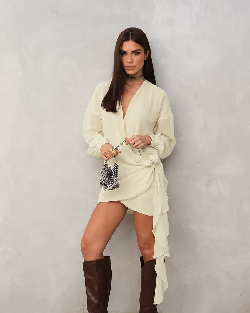 V-Neck Ruffled Ribbon Dress