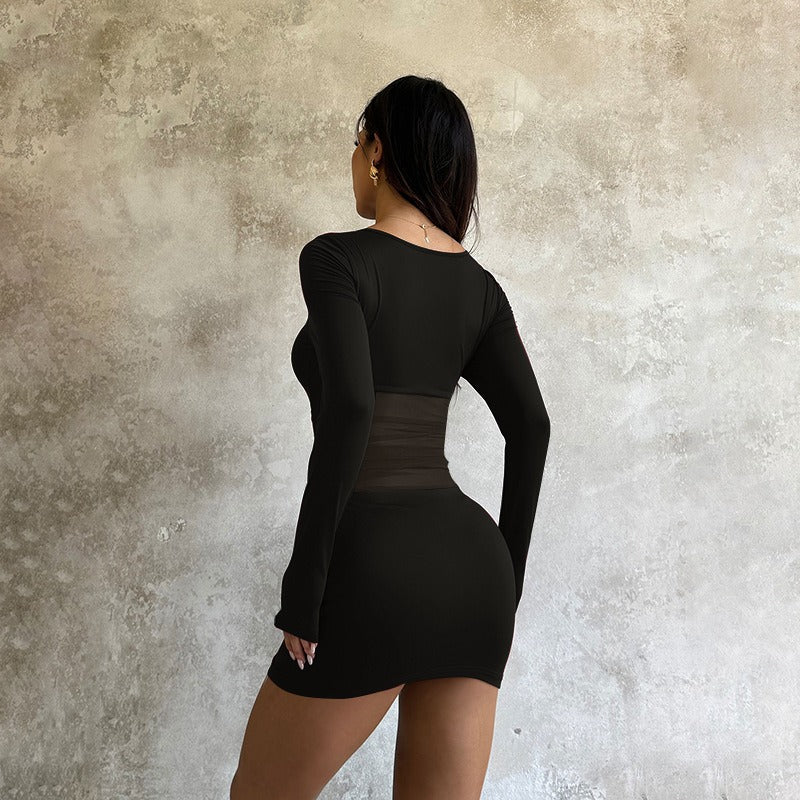 Mesh Fabric Spliced V-Neck Dress