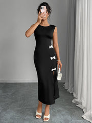 Bow Sleeveless Slit One-Step Dress