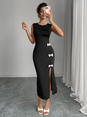 Bow Sleeveless Slit One-Step Dress
