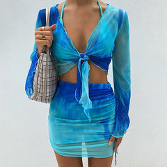 Blouse With Trumpet Sleeves And Half-Length Skirt Set