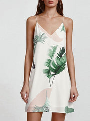 Palm Leaf Print Double V Neck Cami Dress