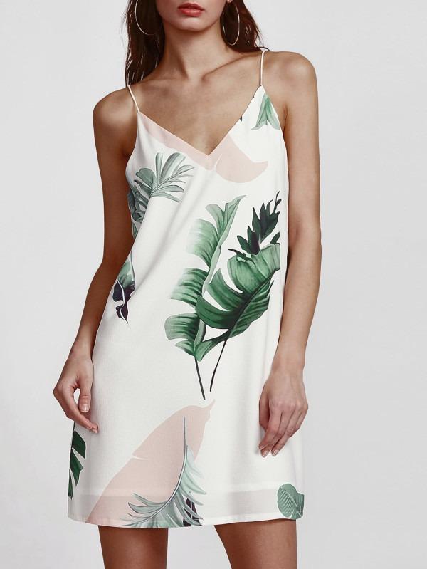 Palm Leaf Print Double V Neck Cami Dress